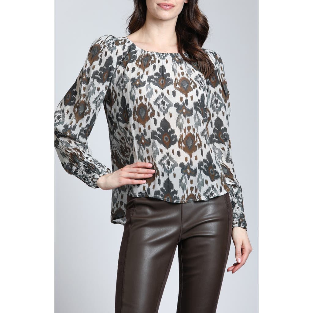 Apny Printed Smocked Cuff Top In Brown Multi