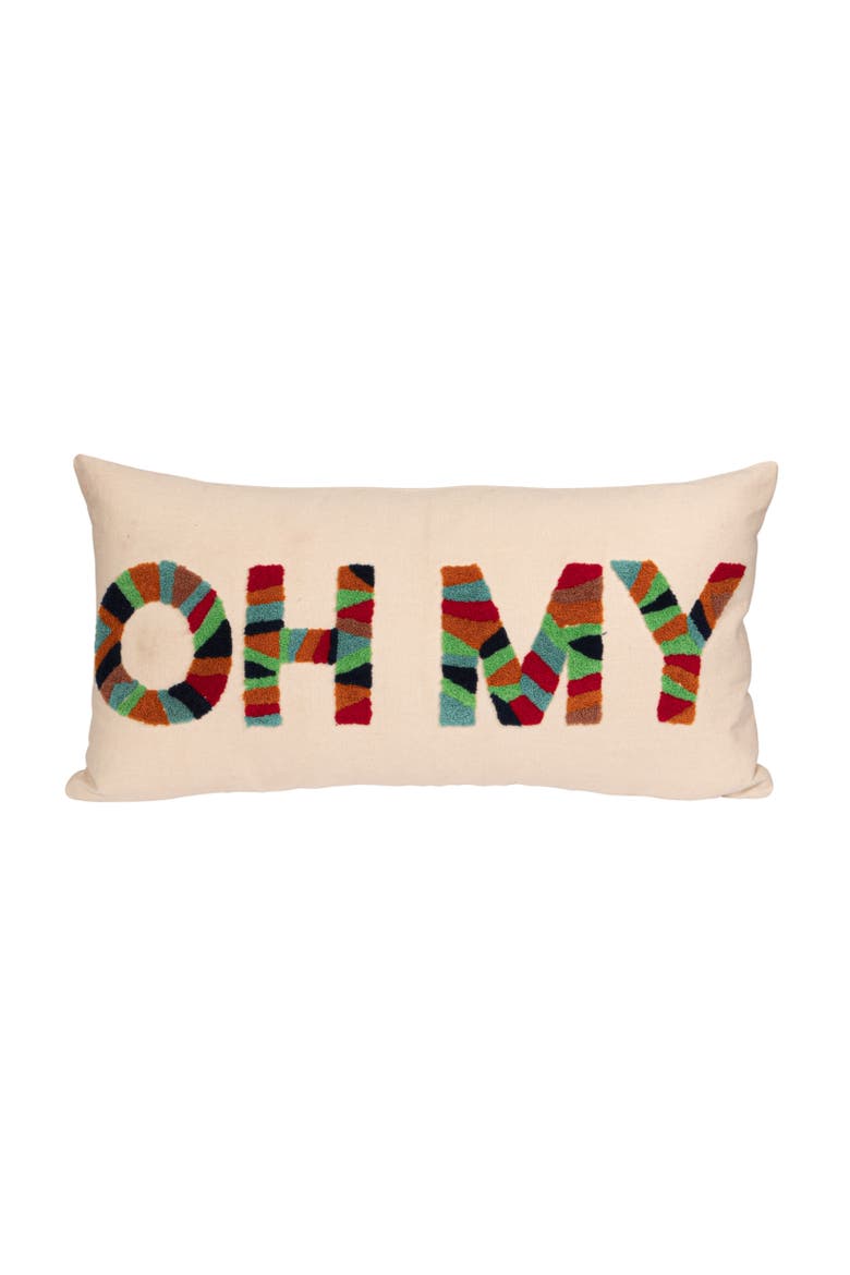 Cotton Tufted Lumbar Pillow "OH MY", Natural and Multicolor, Main, color, Tan