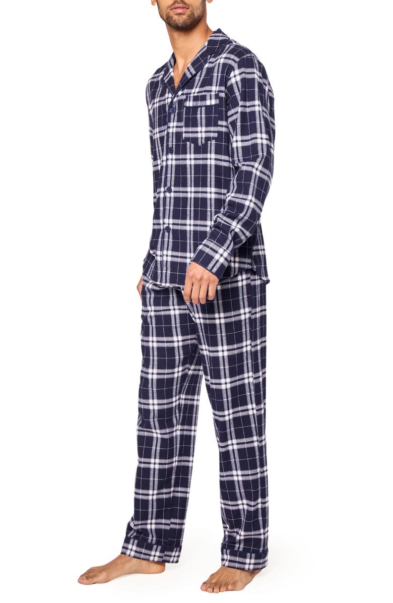 Petite Plume Plaid Cotton Flannel Pajamas, Alternate, color, Navy