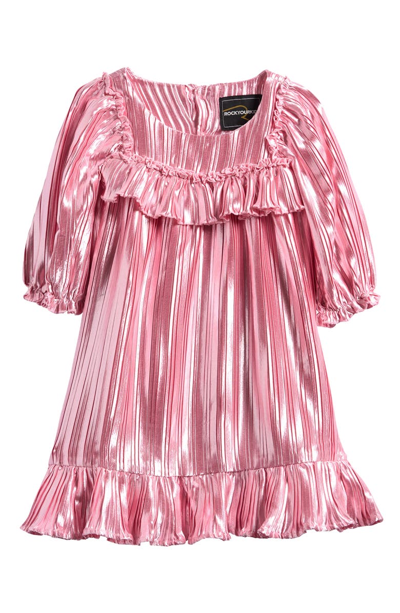 Rock Your Baby Kids' Long Sleeve Metallic Pleated Dress, Main, color, Pink
