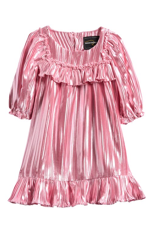 Rock Your Baby Kids' Long Sleeve Metallic Pleated Dress in Pink 