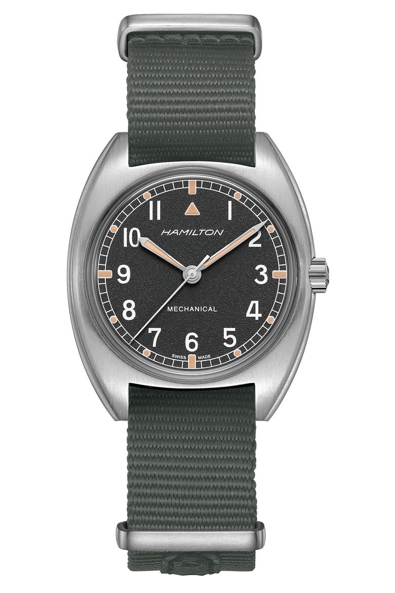 Khaki Aviator Pilot Pioneer NATO Strap Watch, 36mm x 33mm, Main, color, GREY/ BLACK/ SILVER