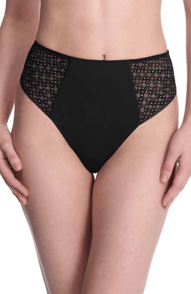 Natori Harmony High Rise Lace Thong, Main, color, Black