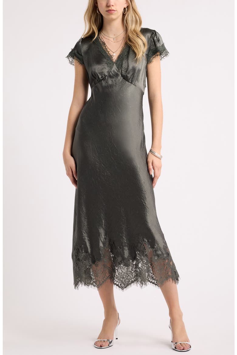 Lace Trim Satin Midi Dress, Main, color, GREY COBBLE