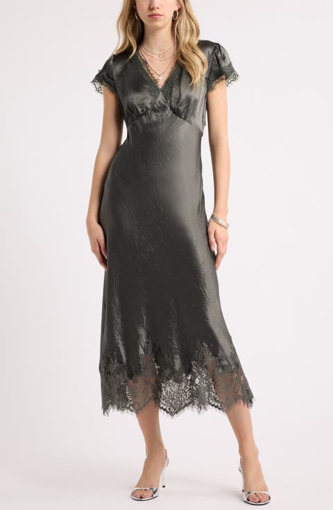 Lace Trim Satin Midi Dress