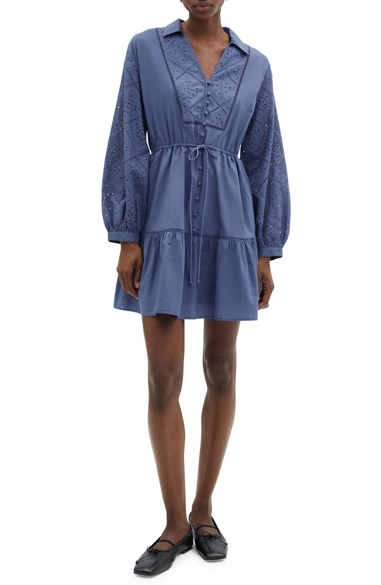 MANGO Embroidered Eyelet Long Sleeve Cotton Shirtdress, Main, color, Blue