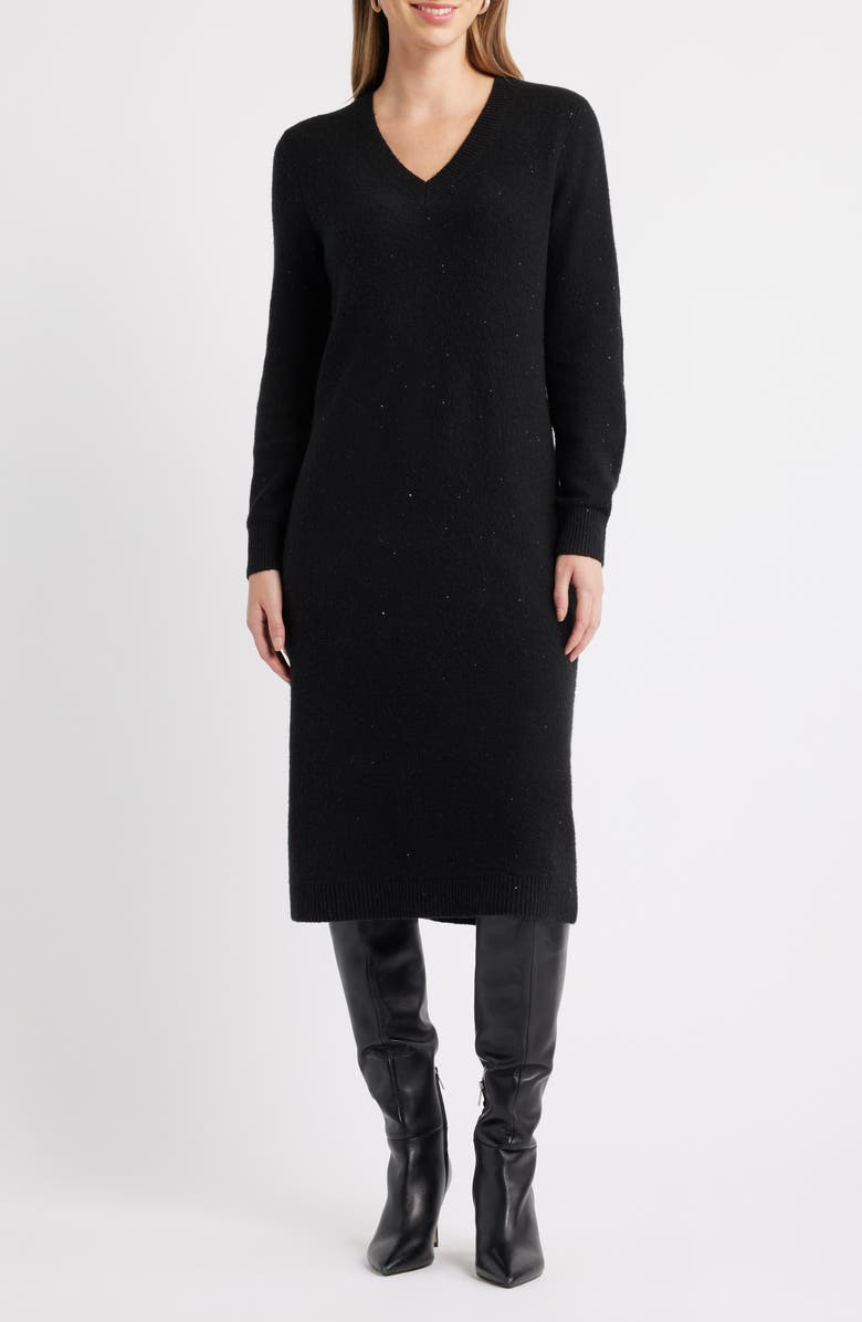 Caslon<sup>®</sup> Sequin Long Sleeve Sweater Dress, Main, color, Black