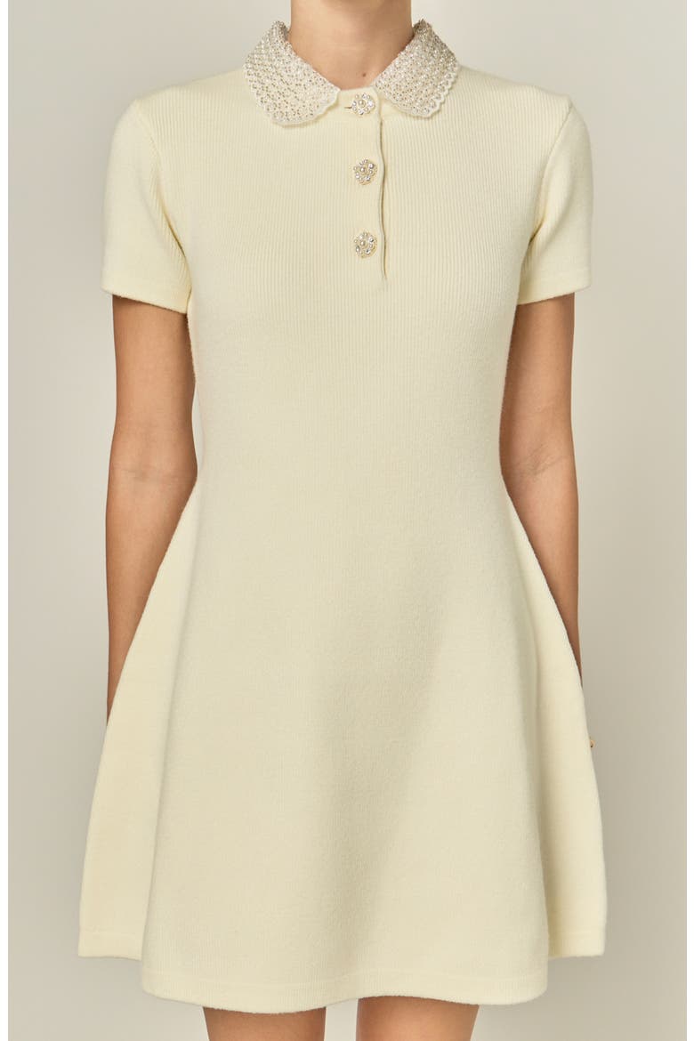 Beaded Collar Knit Fit and Flare Dress, Alternate, color, IVORY