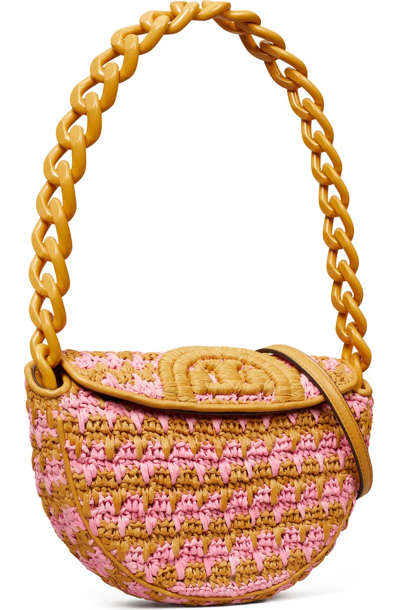 Tory Burch Mini Fleming Soft Raffia Crochet Crescent Shoulder Bag, Alternate, color,
