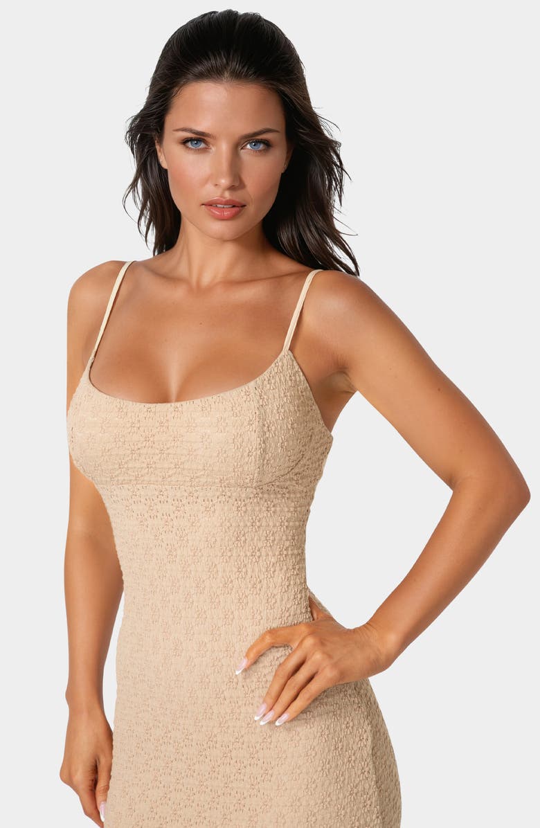 bebe Floral Lace Body-Con Maxi Dress, Alternate, color, Sand