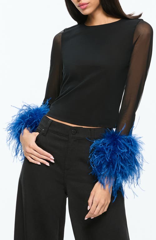 Alice And Olivia Delaina Mesh Feather Cuffed Long Sleeve Top In Black/royal