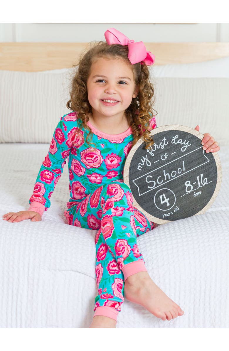 RuffleButts SoftSnooze Ruffle Long Sleeve Pajama Set, Signature Rear Ruffles, Alternate, color, Bright Blossoms