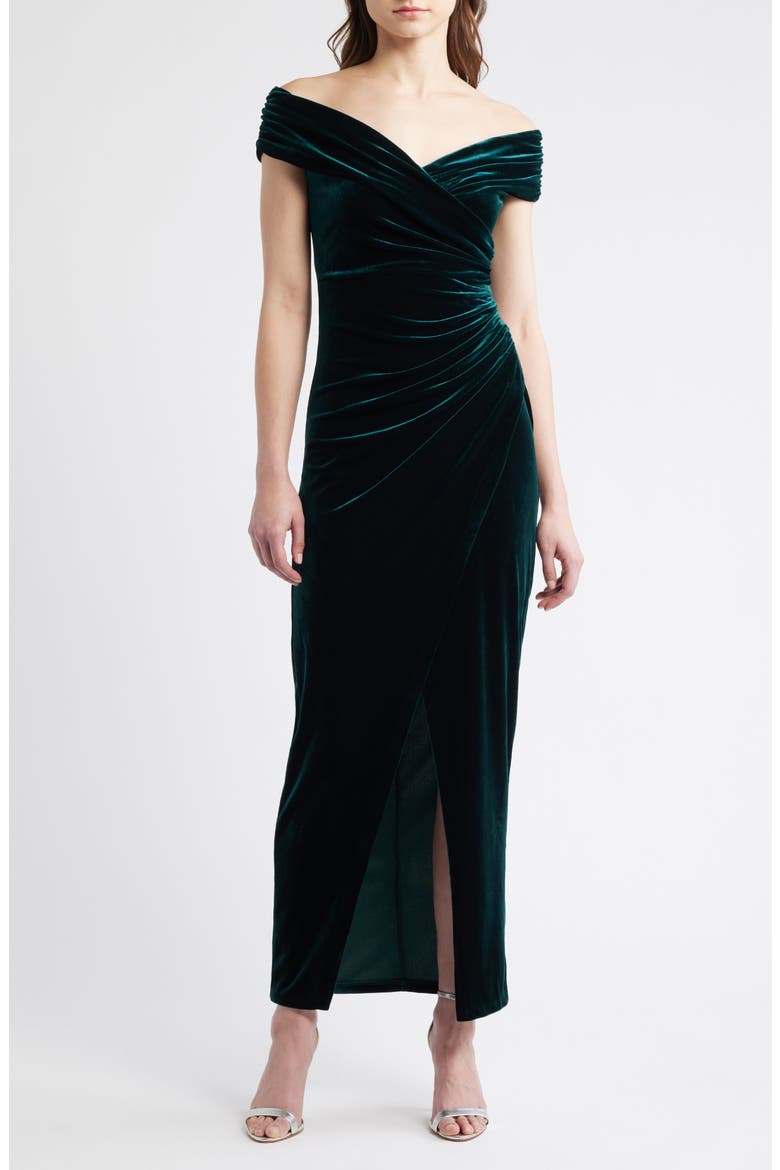 Off the Shoulder Velvet Ruched Sheath Gown, Main, color, HUNTER