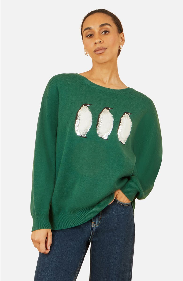 Yumi Festive Penguin Knitted Sweater, Main, color, Green