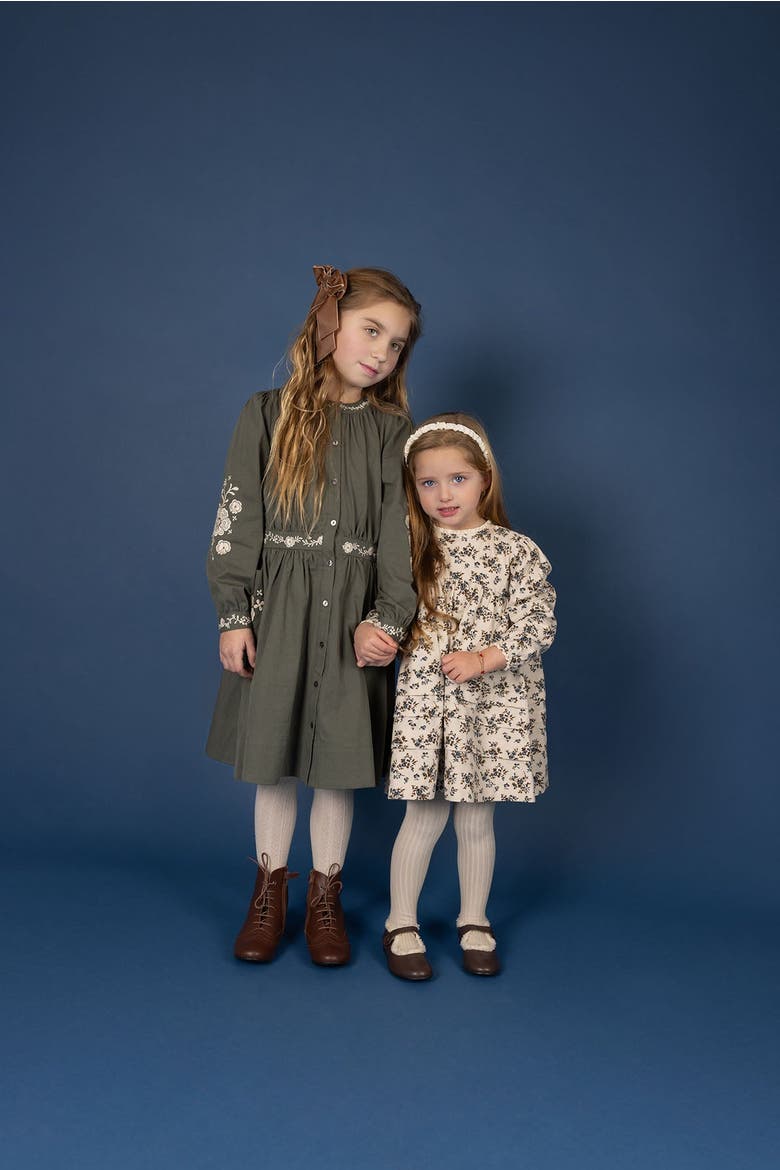 Looms Floral Embroidered Waisted Cotton Dress, Alternate, color, Olive