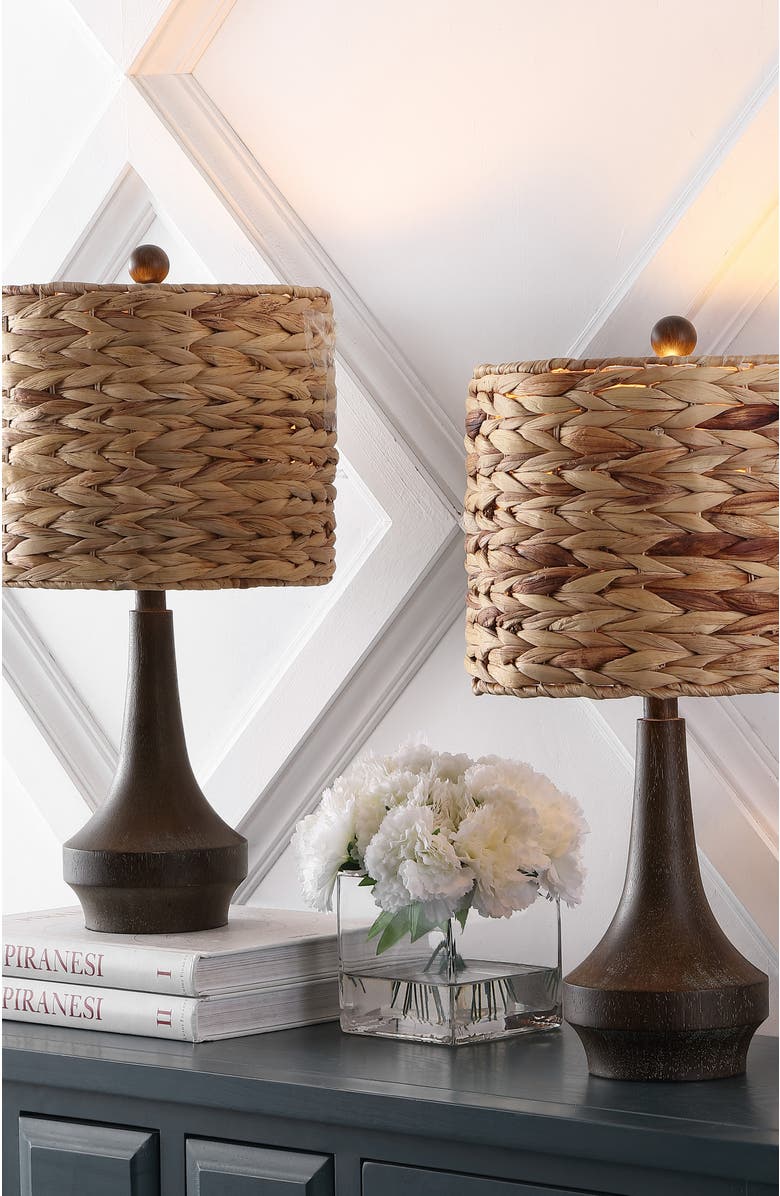 JONATHAN Y Theodore 21" Rustic Farmhouse Handwoven Water Hyacinth/Resin LED Table Lamp, Brown Wood Finish, Alternate, color, Brown Wood Finish