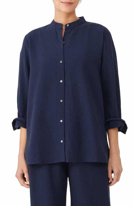 Eileen Fisher Mandarin Collar Easy Crepe Button-Up Shirt