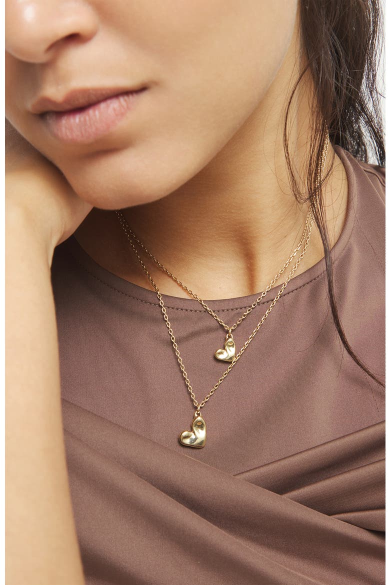 Double Necklace Plated In 18K Gold With Two Hearts, Alternate, color, Gold