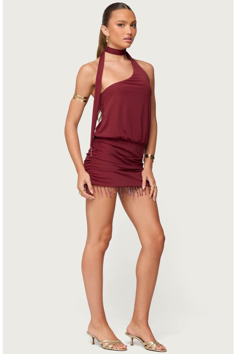Danit Fringe Trim One-Shoulder Minidress, Alternate, color, BURGUNDY