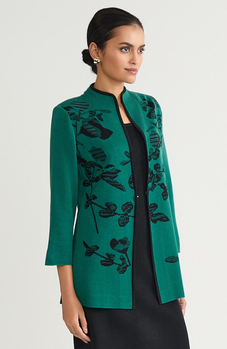 Ming Wang Heritage Contrast Trim Floral Jacquard Knit Jacket, Alternate, color, Everest/Black