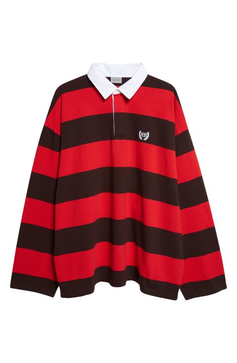 Laurel Embroidered Stripe Mixed Media Rugby Polo