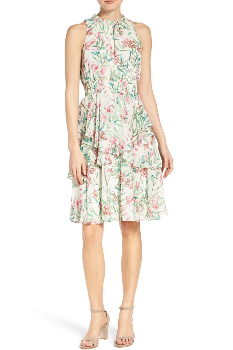 Chiffon Fit & Flare Dress, Alternate, color, IVORY/ PINK/ GREEN