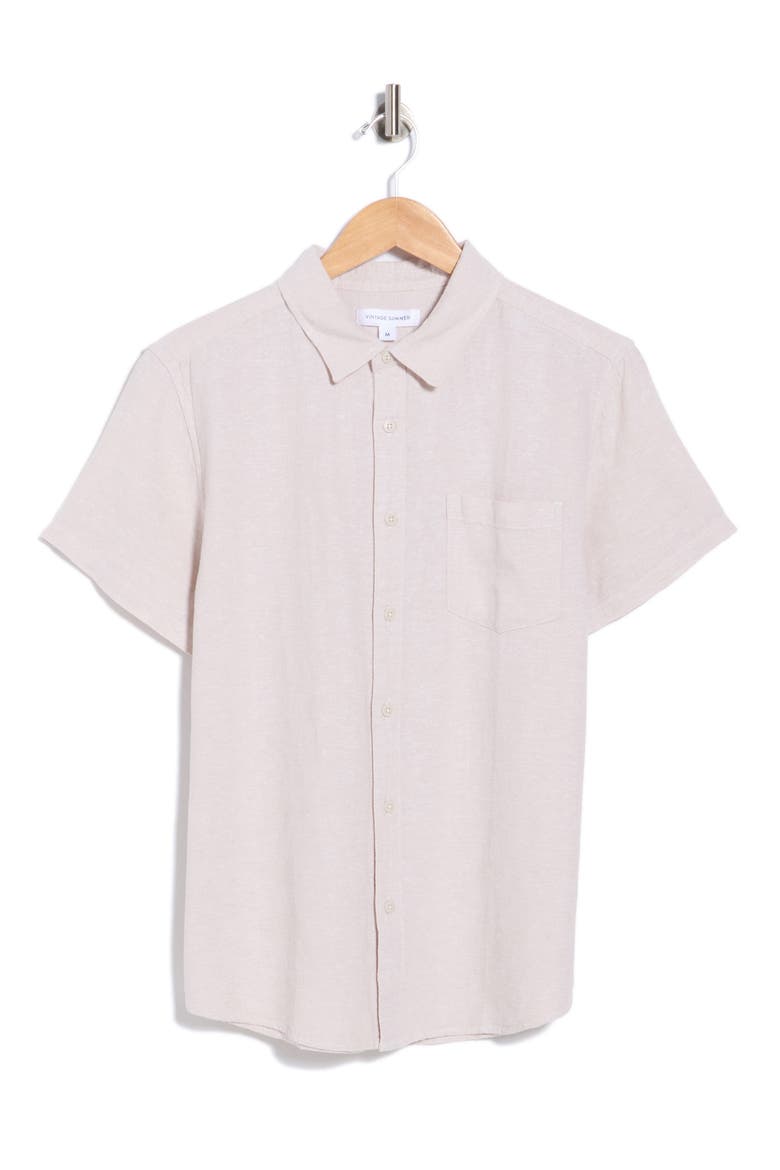 Short Sleeve Linen Blend Button-Up Shirt, Main, color, SAND