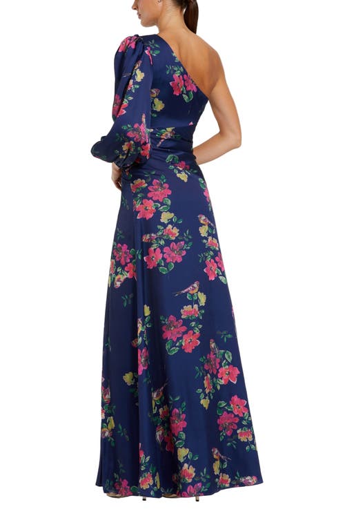 Mac Duggal Floral One-sleeve Charmeuse Gown With Slit In Blue