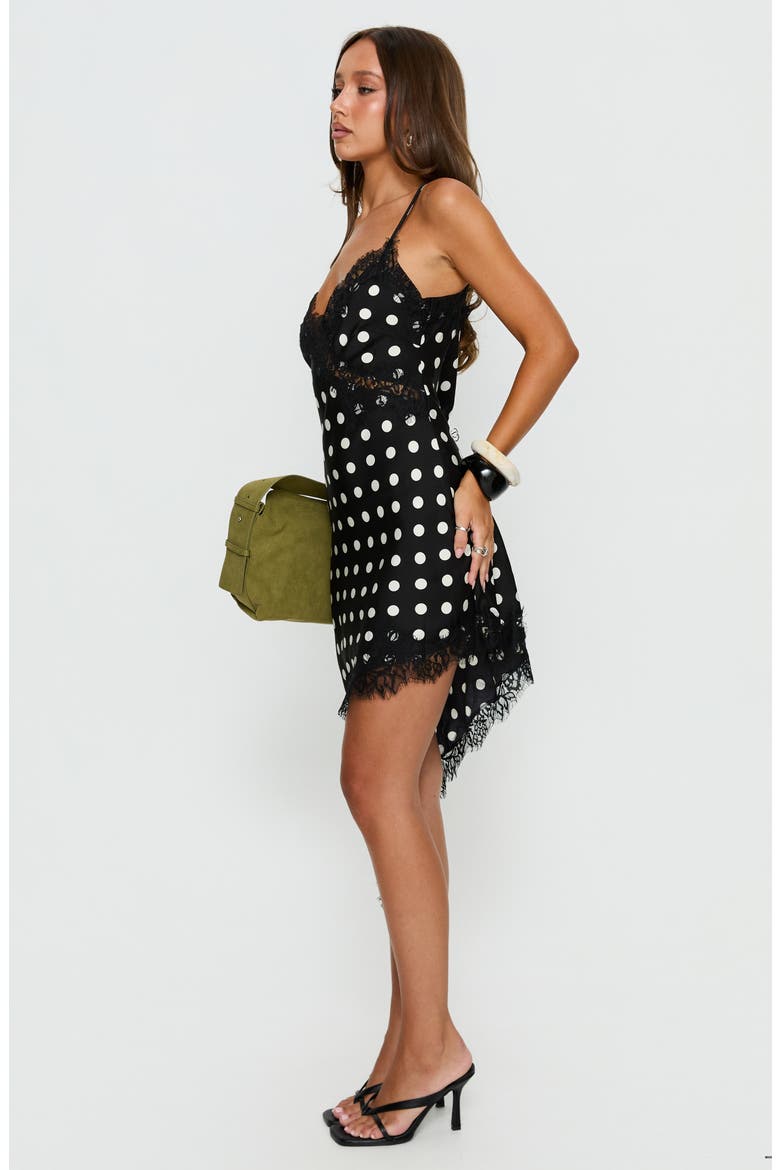 Afterdark Lace Trim Polka Dot Asymmetric Slipdress, Alternate, color, BLACK