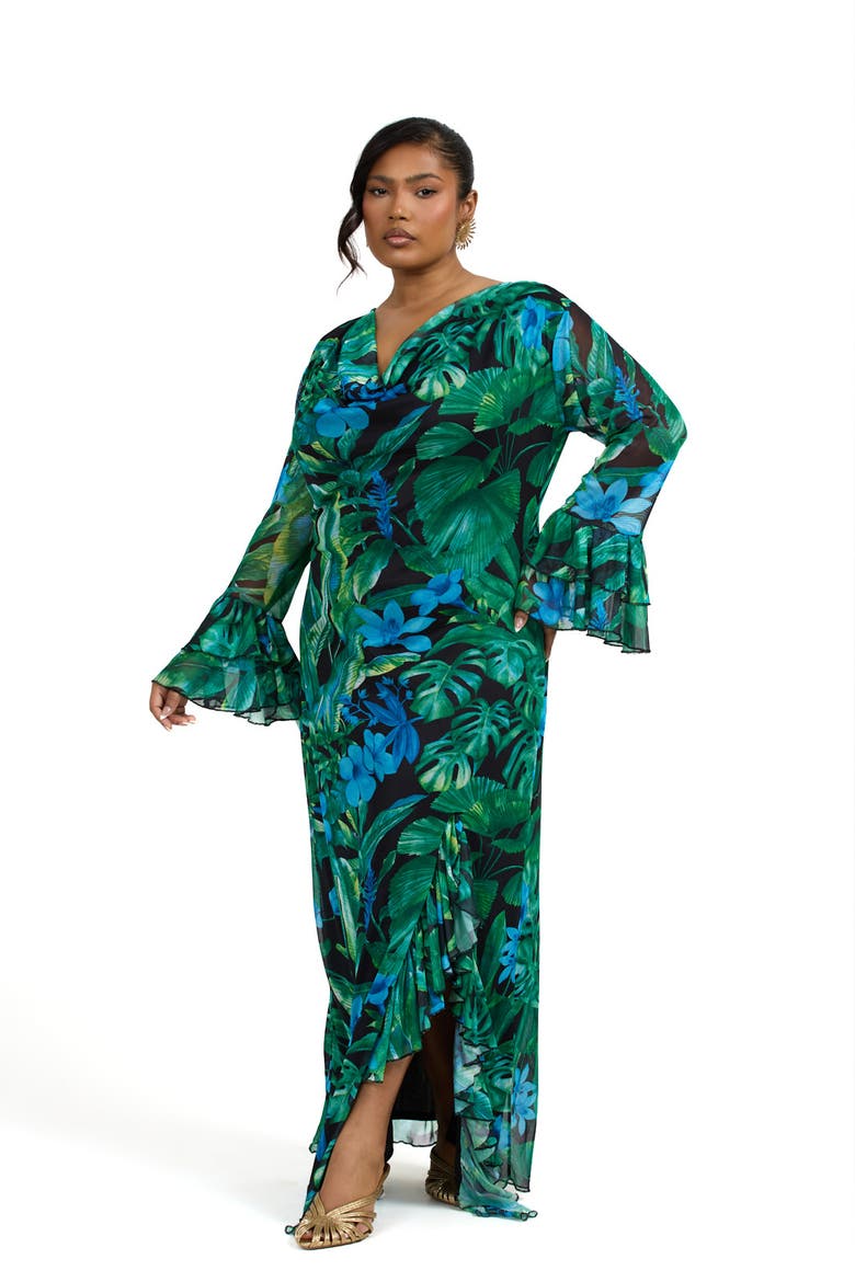 Ruffle Cowl Neck Palm Print Maxi Dress, Alternate, color, Green