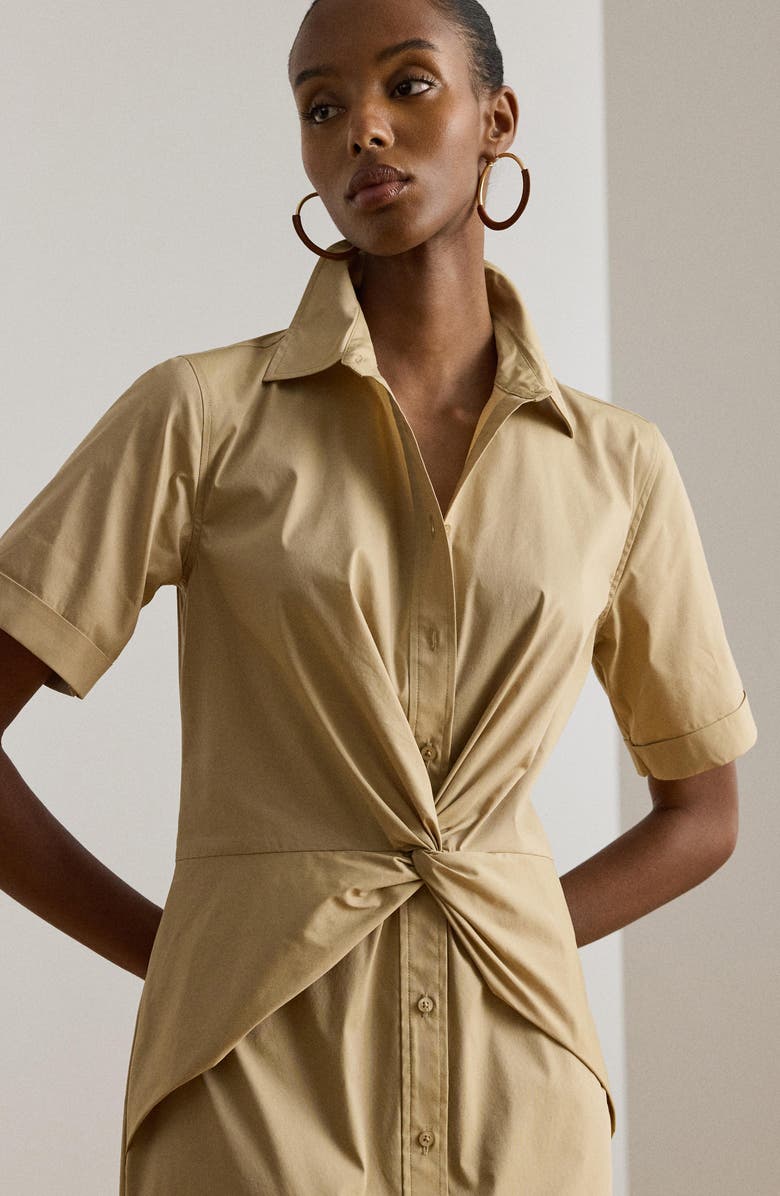Lauren Ralph Lauren Twist Front Cotton Blend Shirtdress, Alternate, color, Birch Tan Beige