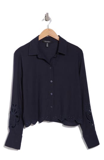 Ellen Tracy Eyelet Inset Button-up Shirt In Navy