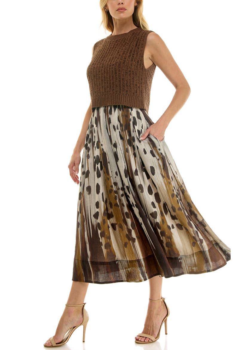 Mixed Media Pleated Midi Dress, Alternate, color, BROWN/ TAN