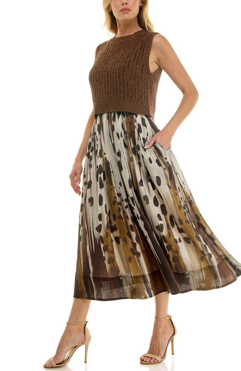 Socialite Mixed Media Pleated Midi Dress, Alternate, color, Brown/ Tan