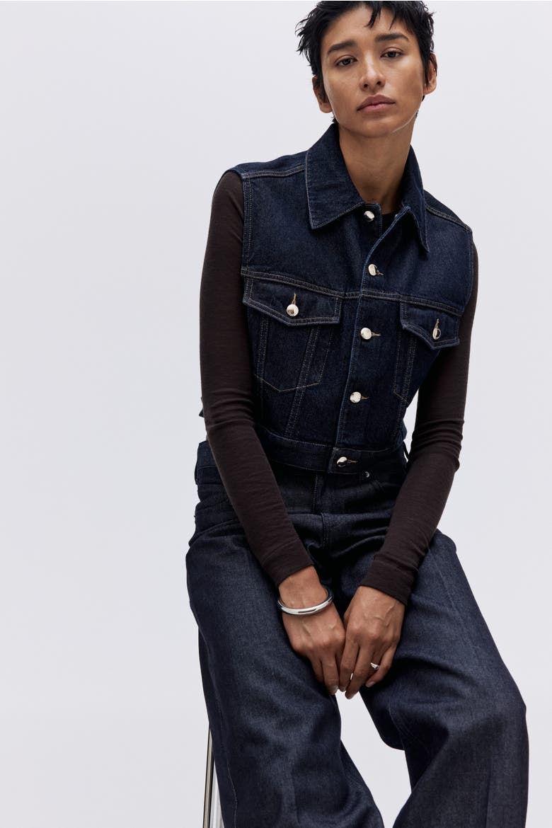 Cropped Denim Waistcoat, Alternate, color, Dark denim blue