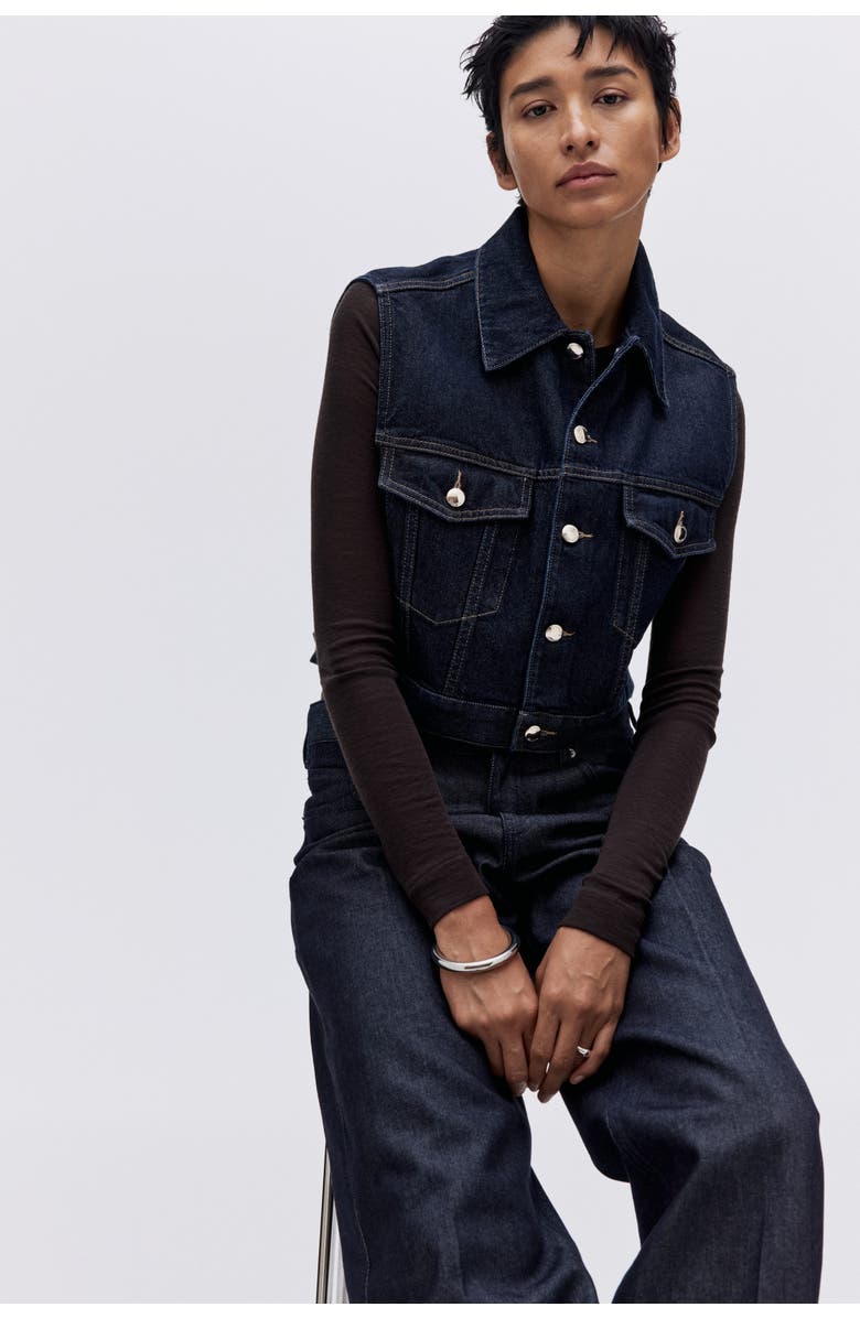 H&M Cropped Denim Waistcoat, Alternate, color, Dark Denim Blue
