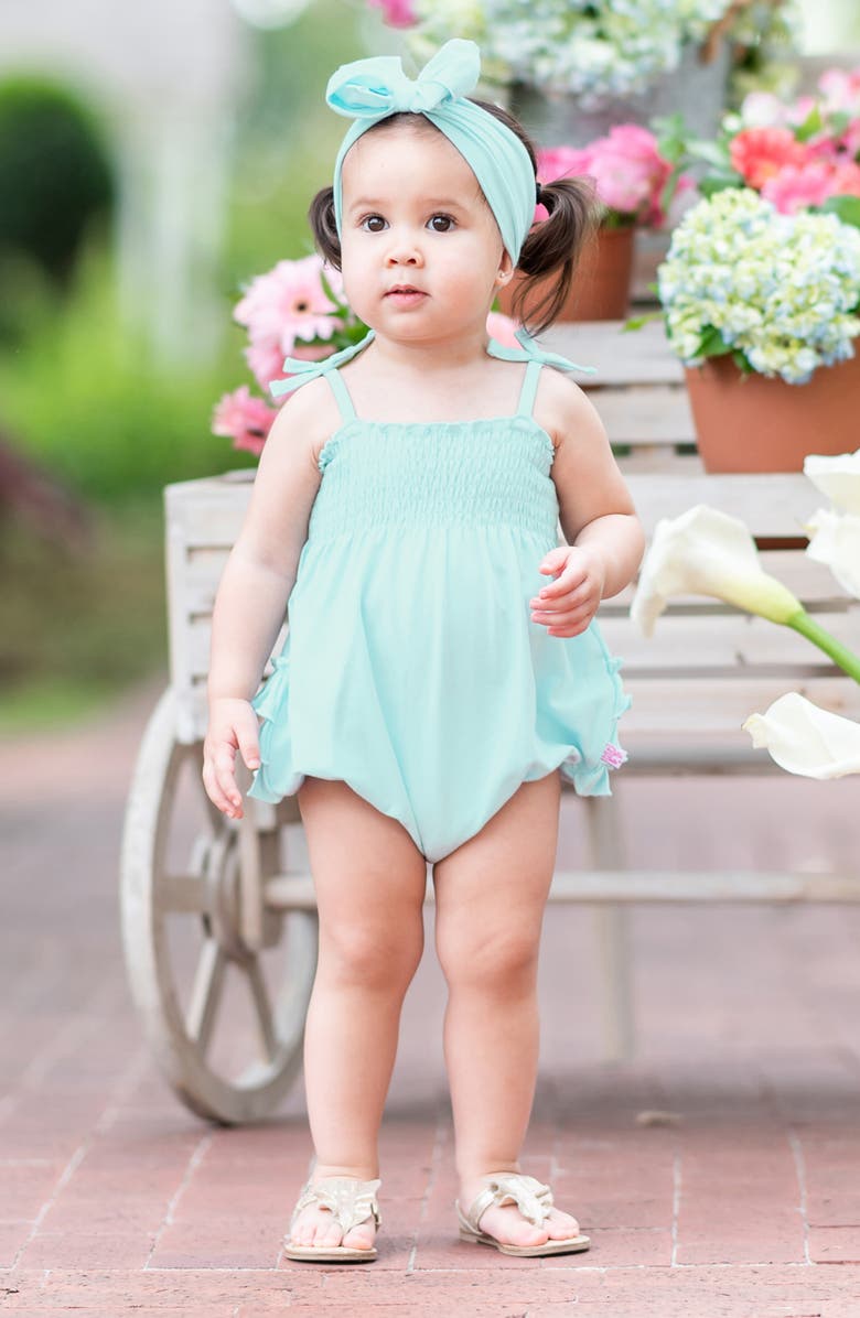 RuffleButts Starlight Smocked Bubble Romper and Headband Set, Alternate, color, 