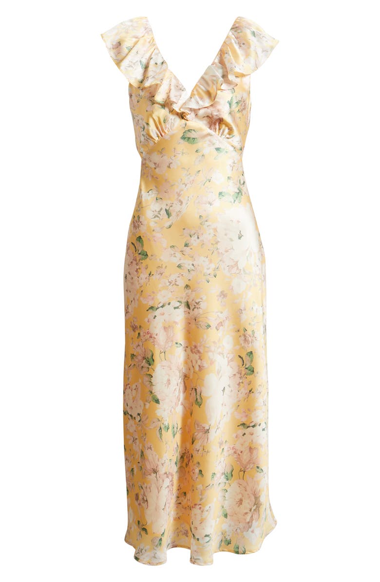 Lulus Carter Ruffle Neck Tie Back Maxi Dress, Alternate, color, Yellow Floral