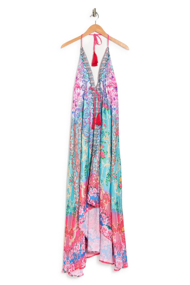 Bright Printed Pink Blooms Flare Sleeve Cover-Up Duster, Alternate, color, TURQUOISE