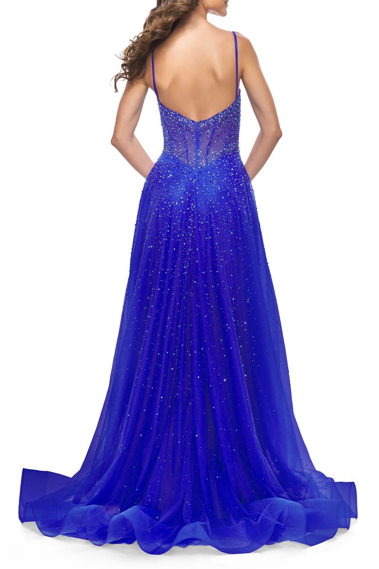 Rhinestone A-Line Tulle Prom Dress with Illusion Bodice, Alternate, color, Royal Blue