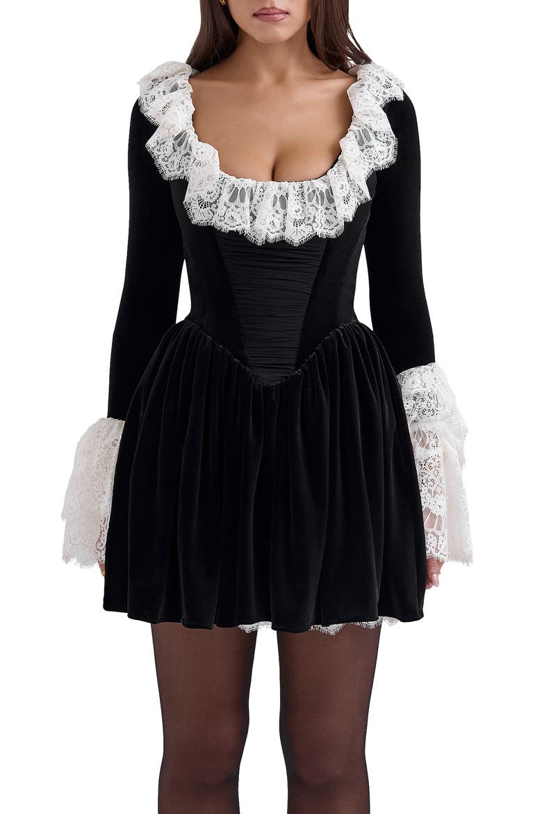 Czarina Lace Trim Ruffle Minidress, Alternate, color, BLACK