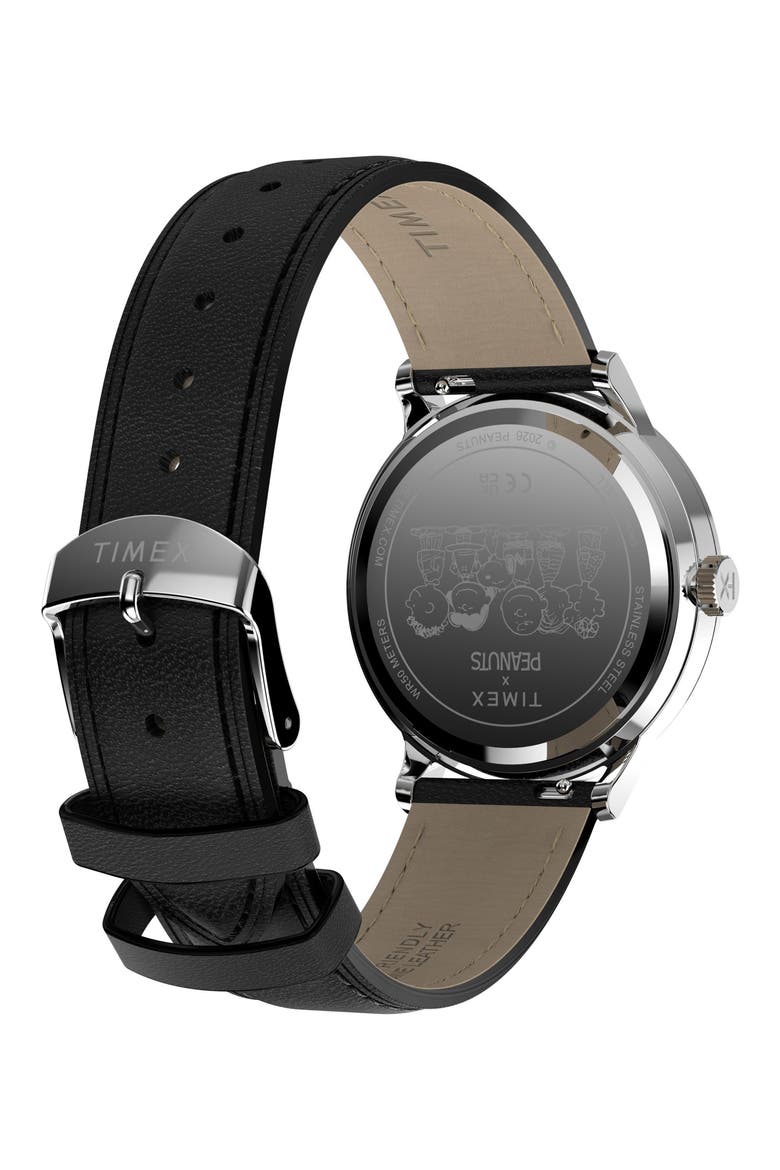 Peanuts Waterbury Classic Leather Strap Watch, 40mm, Alternate, color, BLACK