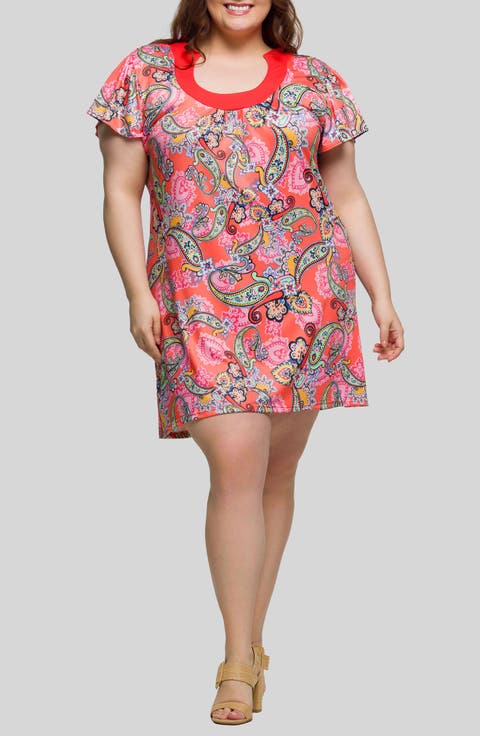 Paisley Flutter Sleeve Minidress (Plus)