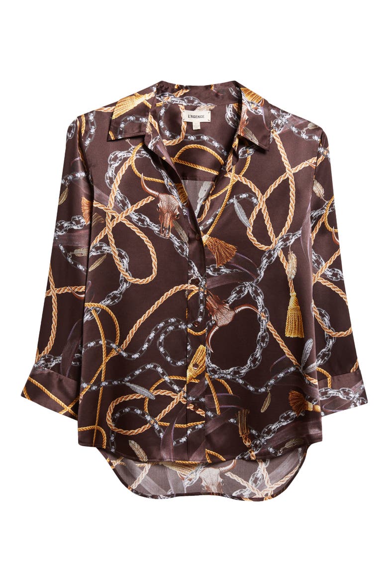 Dani Western Chain Print Silk Button-Up Shirt, Alternate, color, BROWN MULTI CHAIN