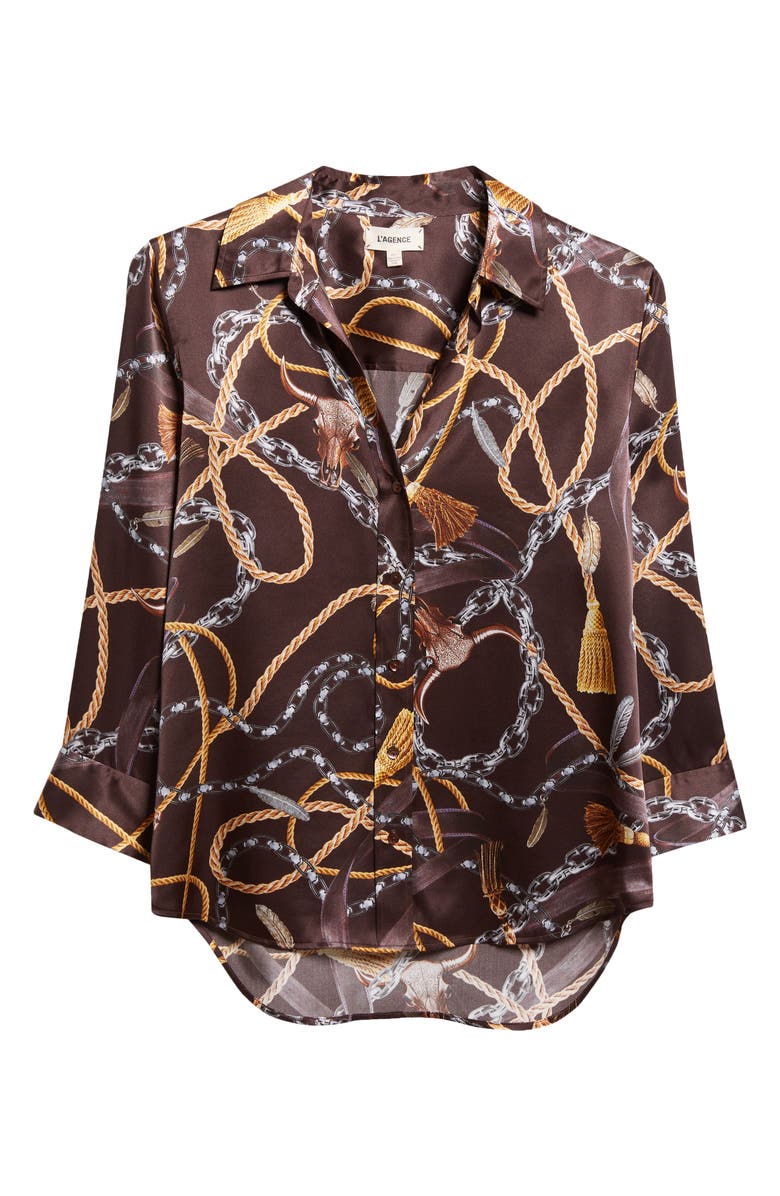 L'AGENCE Dani Western Chain Print Silk Button-Up Shirt, Alternate, color, Brown Multi Chain