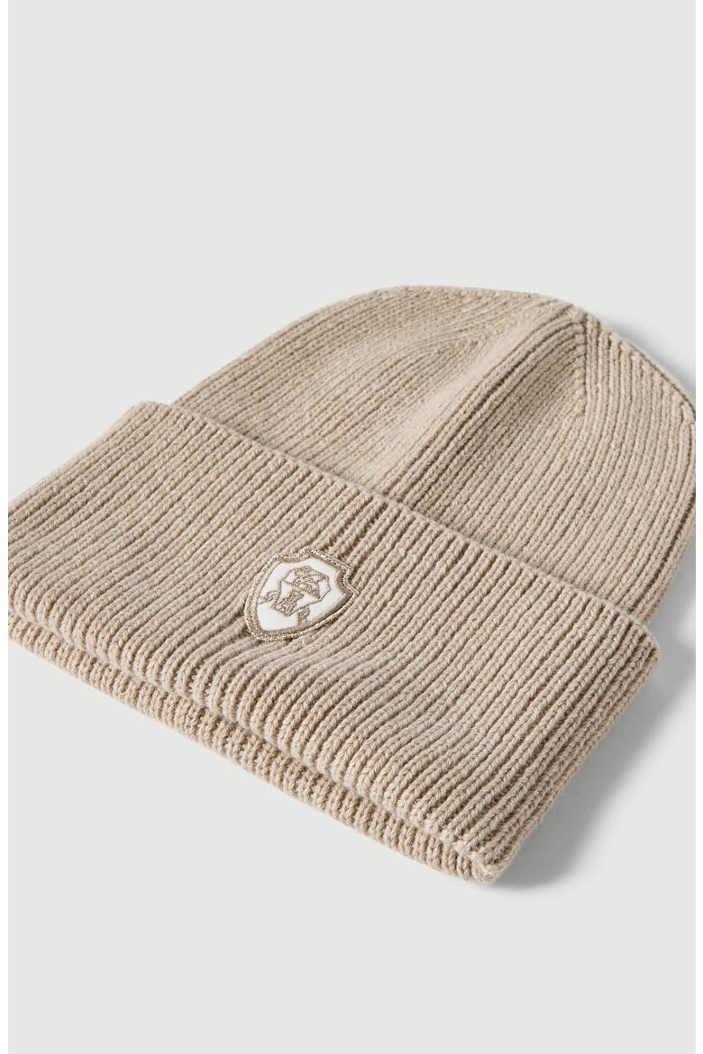 Cashmere English rib knit beanie with patch logo, Alternate, color, Sand