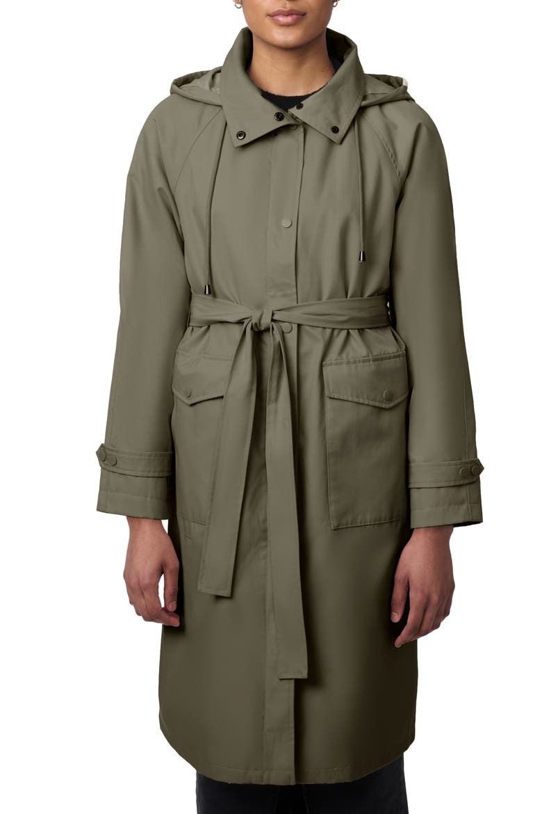 Water Resistant Tie Belt Packable Raincoat, Main, color, ARMY GREEN