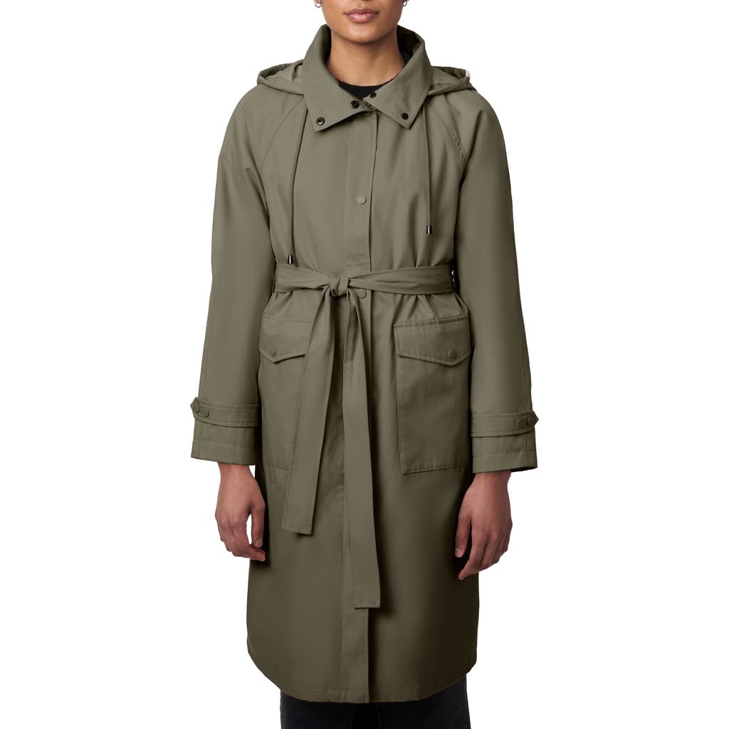 Bernardo Water Resistant Tie Belt Packable Raincoat In Army Green