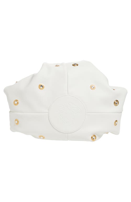 Versace Protea Crystal Stud Leather Shoulder Bag In Porcelain White Gold