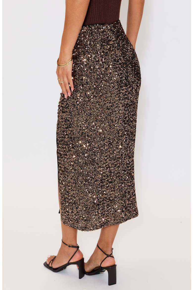 Gilded Sequin Midi Skirt, Alternate, color, DARK BROWN